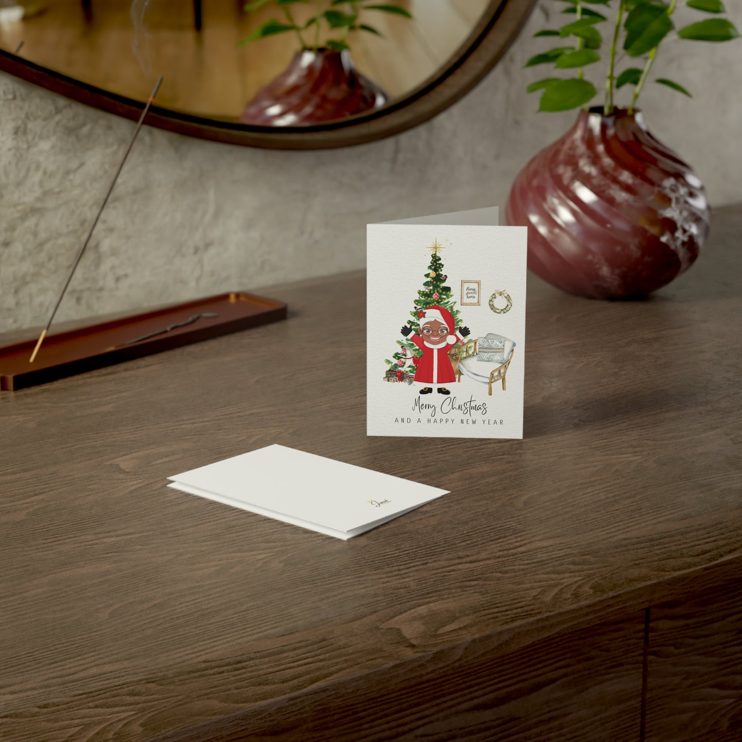 Black Mrs. Claus Xmas Card, Holiday Stationery Set, Festive Note Card Pack, Seasonal Gift Tags, Winter Party