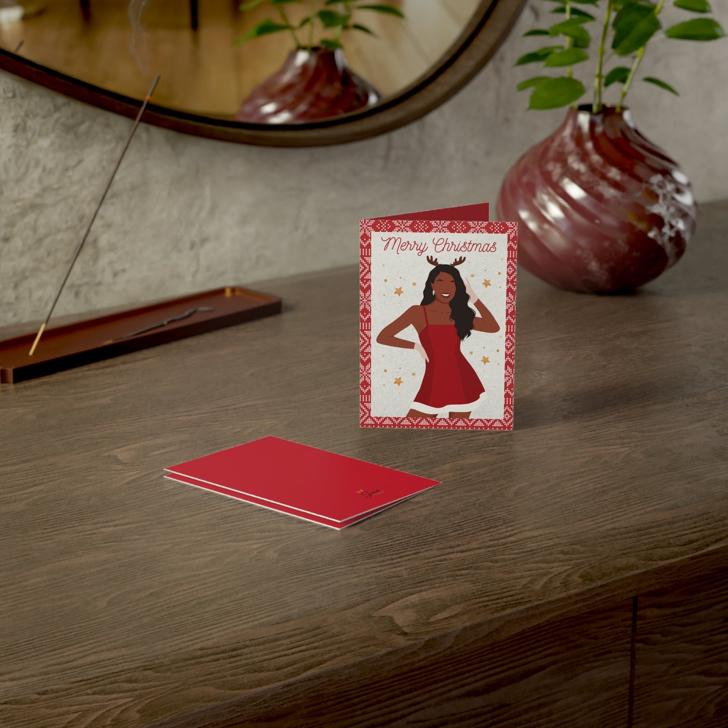 Black Woman, Christmas, Flirty Red Dress, Holiday Stationery, Festive Cards Pack