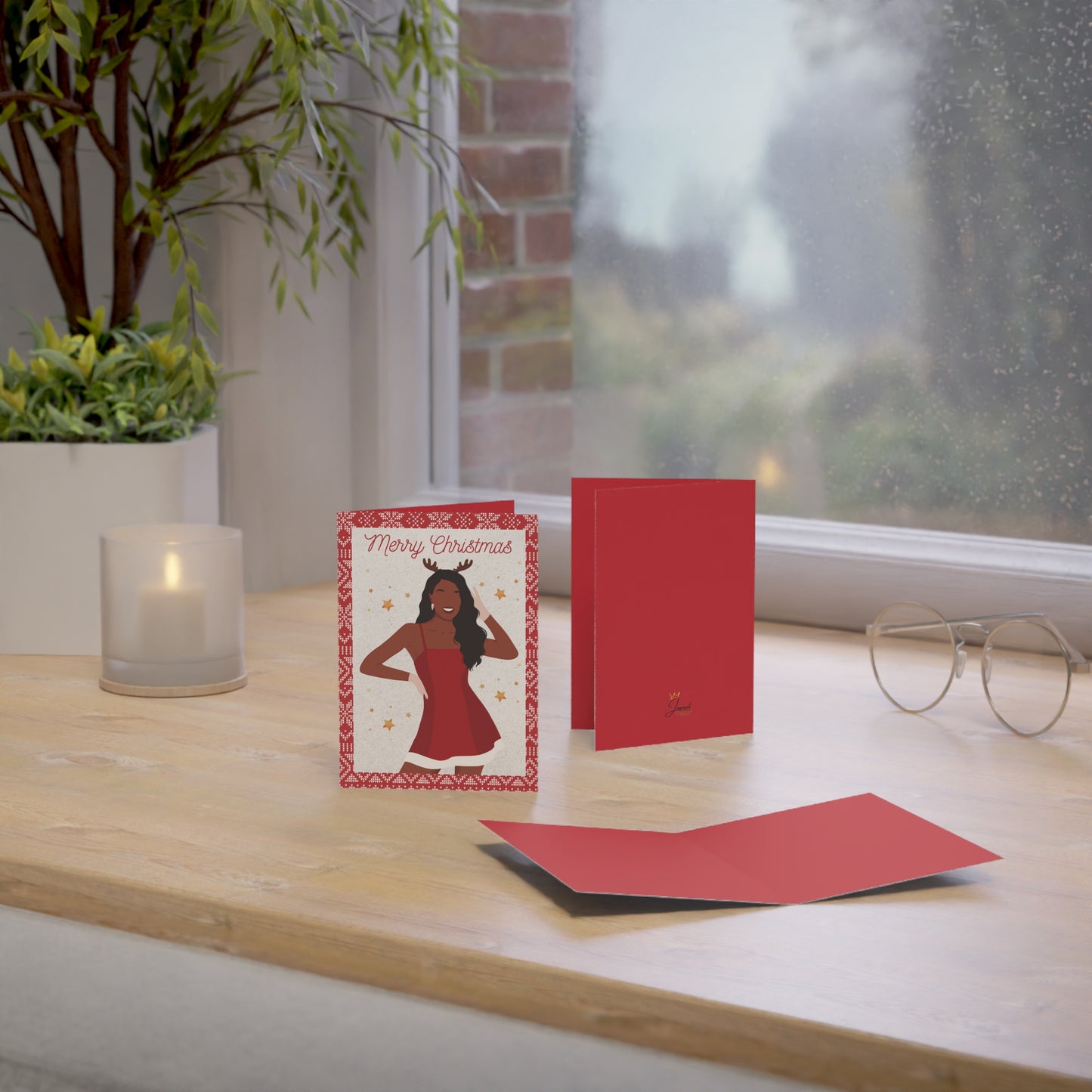 Black Woman, Christmas, Flirty Red Dress, Holiday Stationery, Festive Cards Pack