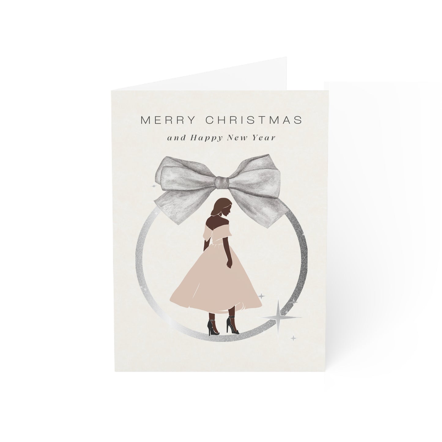 African American Woman in Elegant Dress, Merry Christmas & Happy New Year Holiday Card