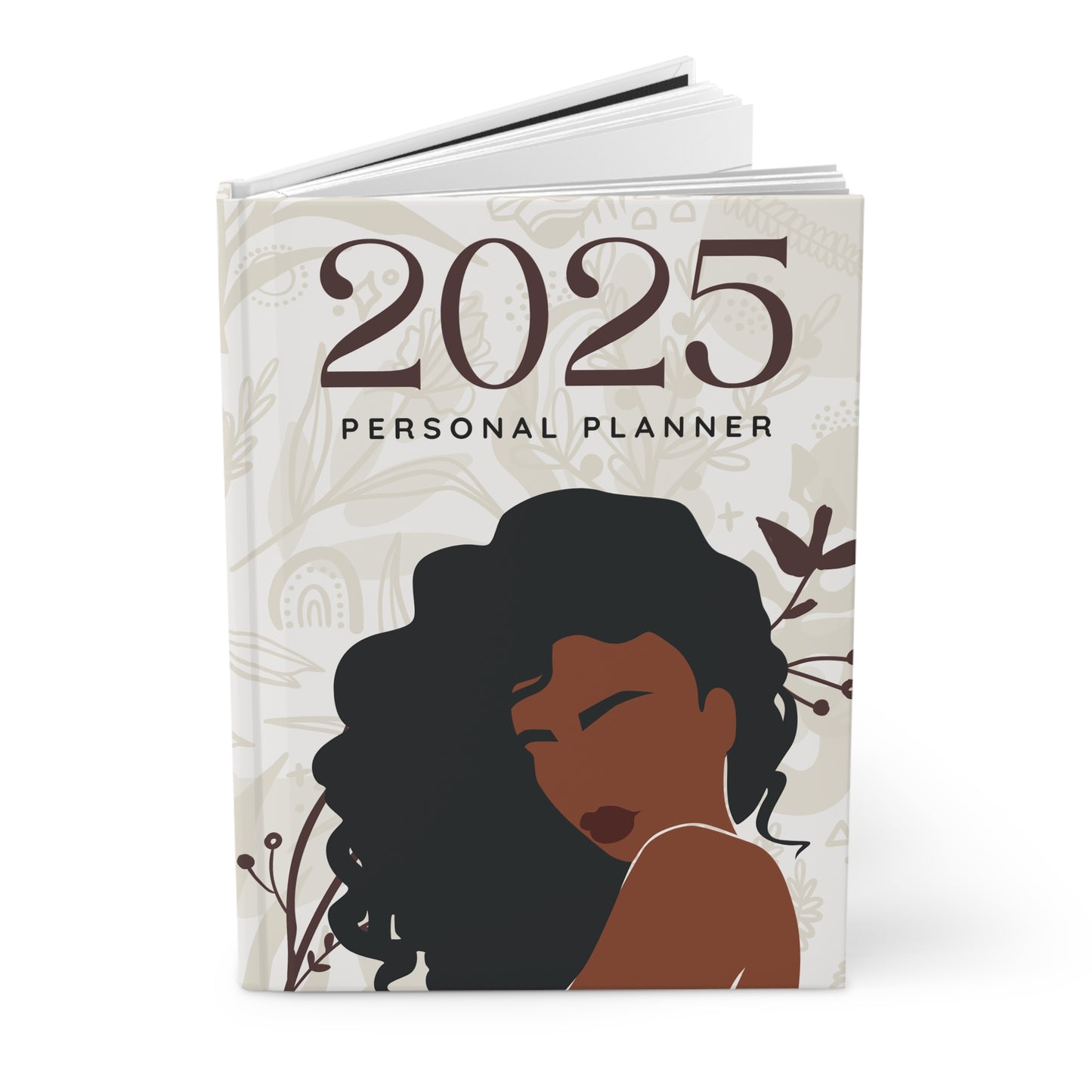 2025 Personal Planner Black Woman Silhouette Long Hair Hardcover Journal Matte, Diary, Notebook, Journaling, Writing Pad, Sketchbook
