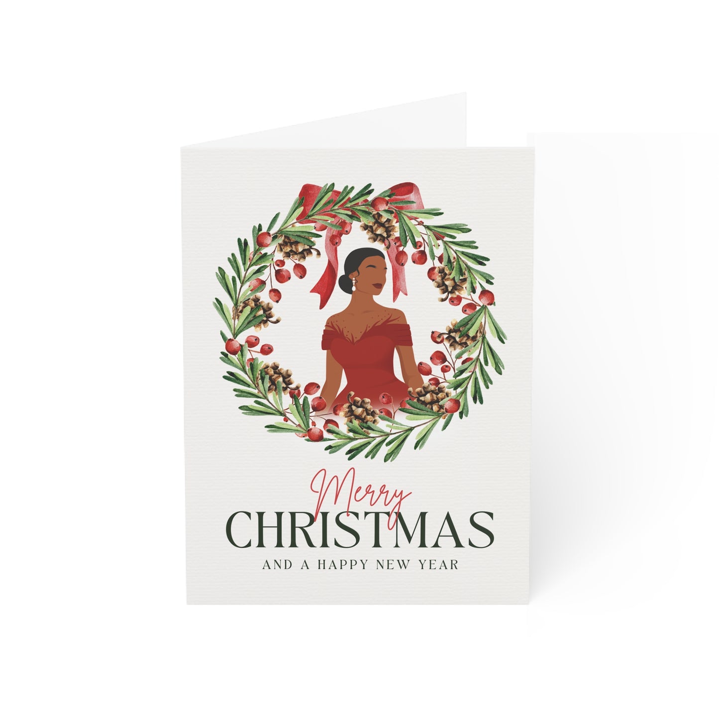 Elegant Black Woman in Red Dress Merry Christmas Card - Holiday Stationery, Festive Note Cards, Christmas Greetings, African