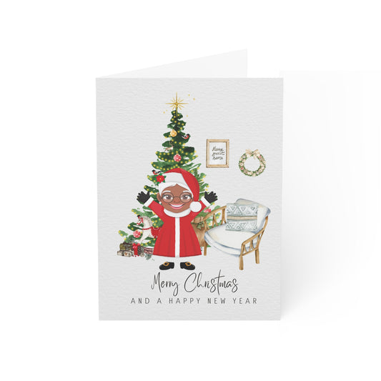 Black Mrs. Claus Xmas Card, Holiday Stationery Set, Festive Note Card Pack, Seasonal Gift Tags, Winter Party