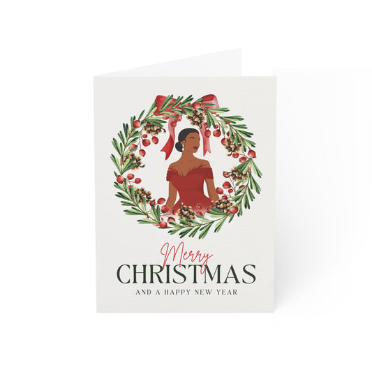 Elegant Black Woman in Red Dress Merry Christmas Card - Holiday Stationery, Festive Note Cards, Christmas Greetings, African